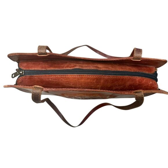 Vintage Brown Leather Tote Shoulder Bag 3D Design Zip Closure - Picture 5 of 8